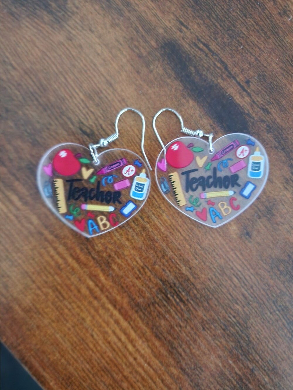 Teacher Heart Dangle Earrings - Colorful School Icons Appreciation Gifts/events